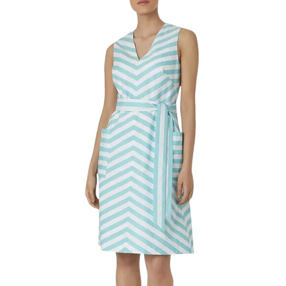 HOBBS LONDON Juliet Dress Cyan & White Chevron Stripe V-Neck Pockets US 8 - Picture 1 of 9